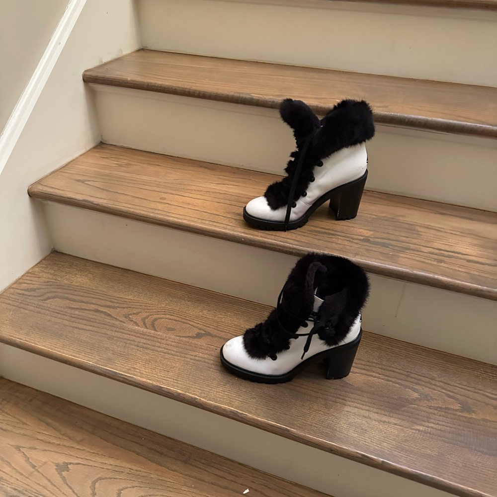 Guess Black and White Heeled Boots with Chunky Heel